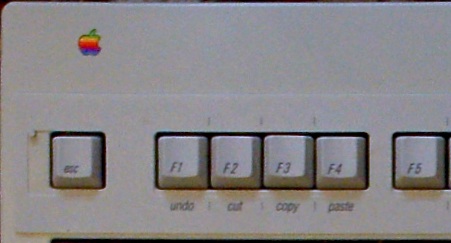 This is a photo by Flickr user penmachine of an Apple Extended Keyboard II with Apple's overlay, cropped to show the corner of the overlay hanging around the Power key.