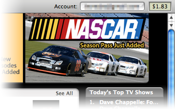 Screenshot of the top-right corner of the iTVS front page, showing a poster link to the NASCAR section, with the caption “Season Pass Just Added”.