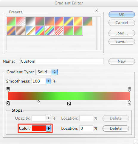 Screenshot of Photoshop's gradient editor. Highlighted is the color pop-up for a key-point in the gradient. The arrow of the pop-up is excessively large.