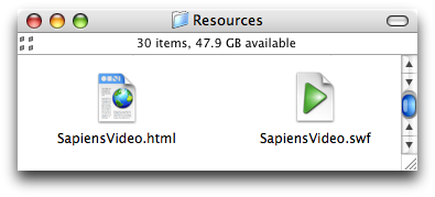 The Resources folder for the front-end app contains the introductory movie as a Shockwave Flash (SWF) file, and an HTML file to display it.