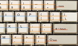 Annotated cropped photo of the Unicomp SpaceSaver M's letter board, showing the baselines of white keys (such as letter, punctuation, and number keys) and gray keys (such as delete/backspace, return, and shift).
