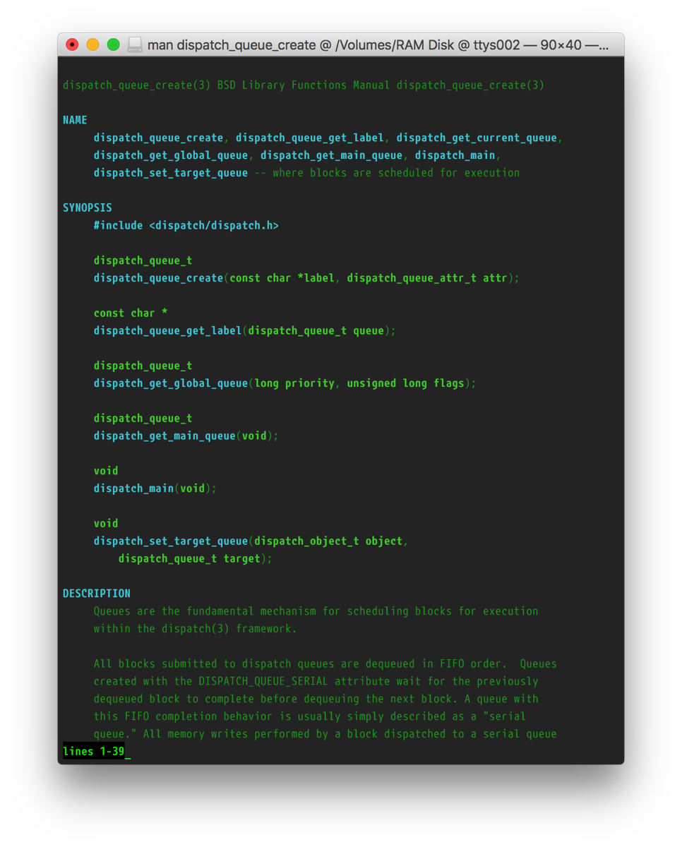 Screenshot of the dispatch_queue_create manpage with the customized style.
