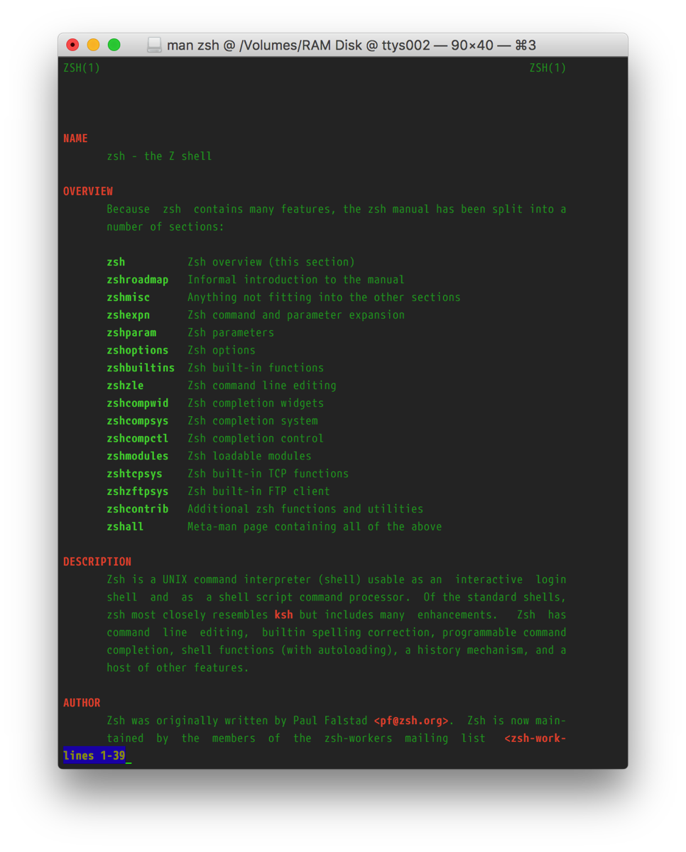 Screenshot of Terminal showing the zsh manpage with the above customizations.