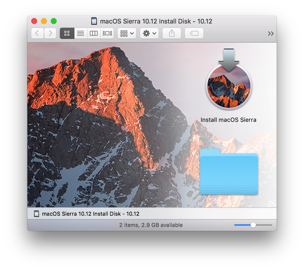 The very pretty installation volume that DiskMaker X created for Sierra, complete with window background matching the installer icon.