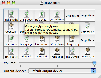 A soundboard window, with most of the cells filled in with sound clips, and three (the top-right cell, the cell to the left of that, and the cell above the bottom-right cell) empty, reading 'Drop file here'.