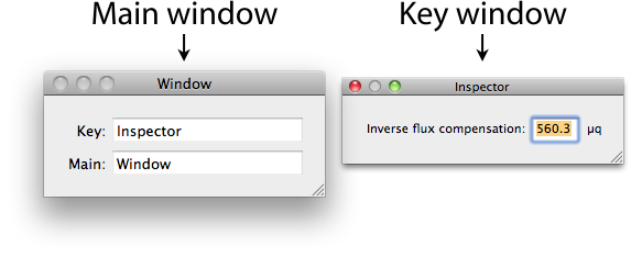 Screenshot showing the main window, with active-appearance title bar but dimmed stoplight, and an Inspector panel that's key next to it.