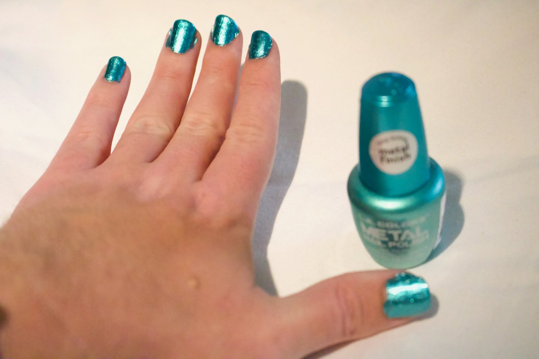 A teal metallic polish by L.A. Colors.