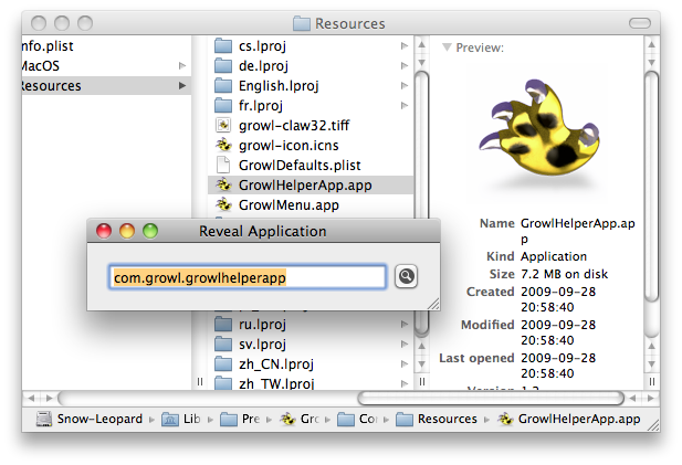 For example, after entering com.growl.growlhelperapp, it brought me to the hidden location of GrowlHelperApp within the Growl preference pane.