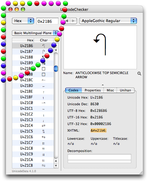 Beads hanging on UnicodeChecker's main window.