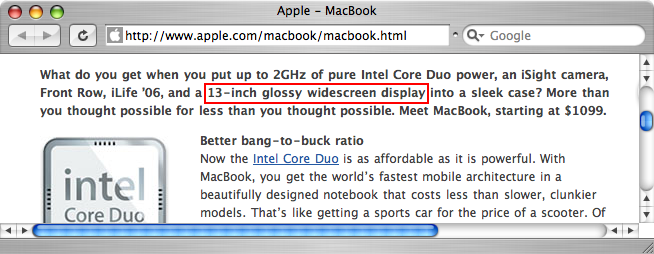 MacBook webpage, with “13-inch glossy widescreen display” highlighted in red.