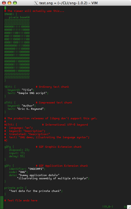 Screenshot of an xterm window containing vim, with the test.sng file loaded into it.
