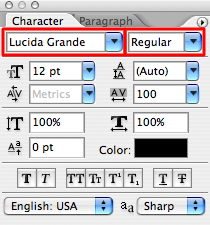 Screenshot of Photoshop's ‘Character’ (text settings) palette. Highlighted is a combo-box for entering the font.