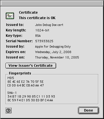 This is a screenshot of the Apple Signer window that shows the contents of a certificate.