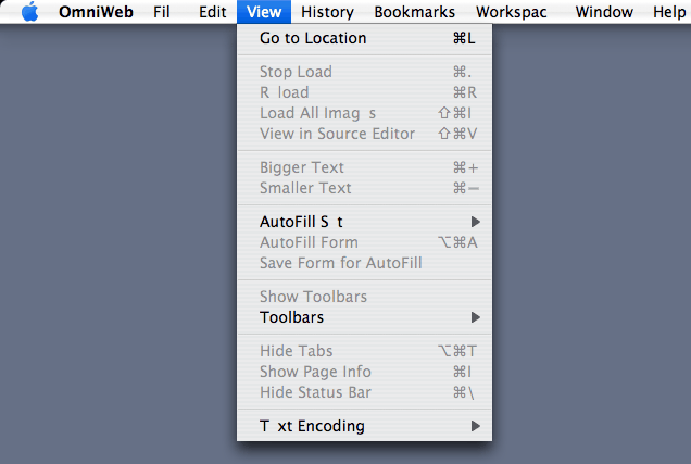 All the lowercase e's in my menubar are missing from all of OmniWeb's menus (except for Help, strangely enough). A blank space shows instead.