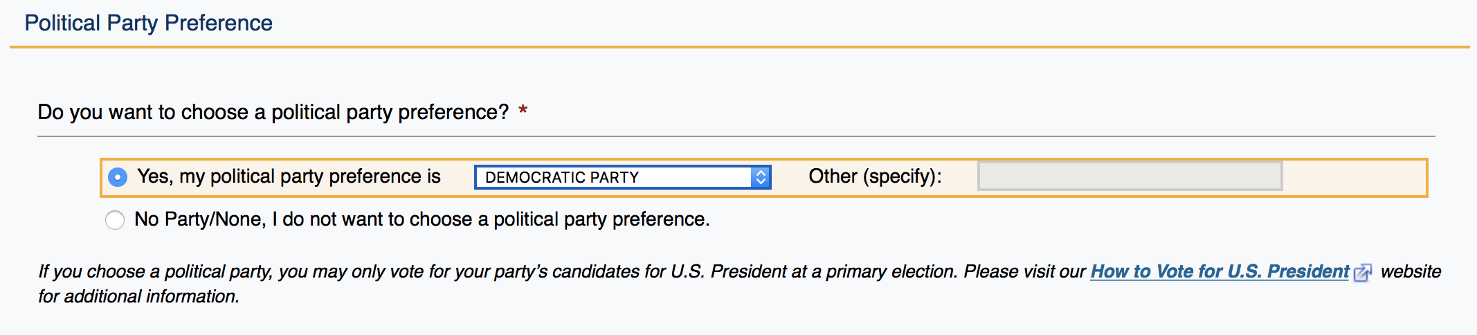 Screenshot of the online voter-registration form on the California Secretary of State's website, with my party preference filled in as Democratic.