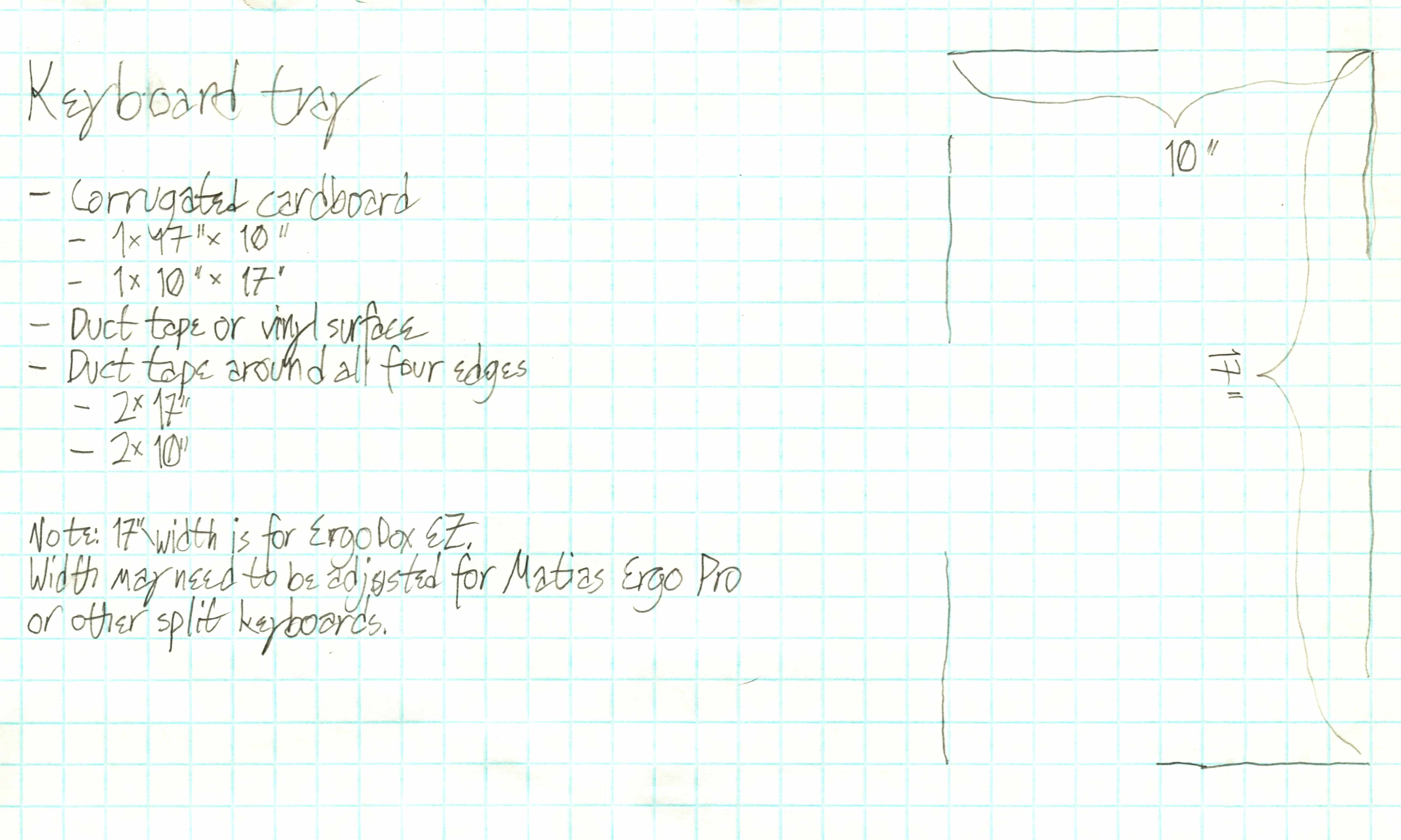 Scan of the measurements on graph paper for the project, along with a bill of materials consisting of two sheets of cardboard (one 17 by 10, the other 10 by 17), plus white duct tape or vinyl for the surface and duct tape for the edges.