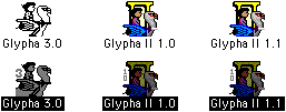 Icons (selected and not) of Glypha 3.0, Glypha II 1.0, and Glypha 1.1
