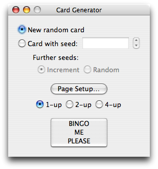 Screenshot of the generator app, configured to generate new random cards, at one card per page.