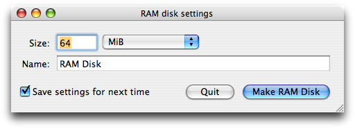 Make RAM Disk's settings window lets you configure the size and name of the RAM disk, either one-time or until further notice.