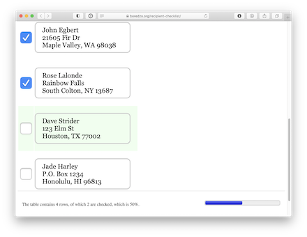 Screenshot of a browser window with Recipient Checklist loaded, showing four (fictional) names and addresses, two checked and the next one highlighted, with a progress bar at the bottom.