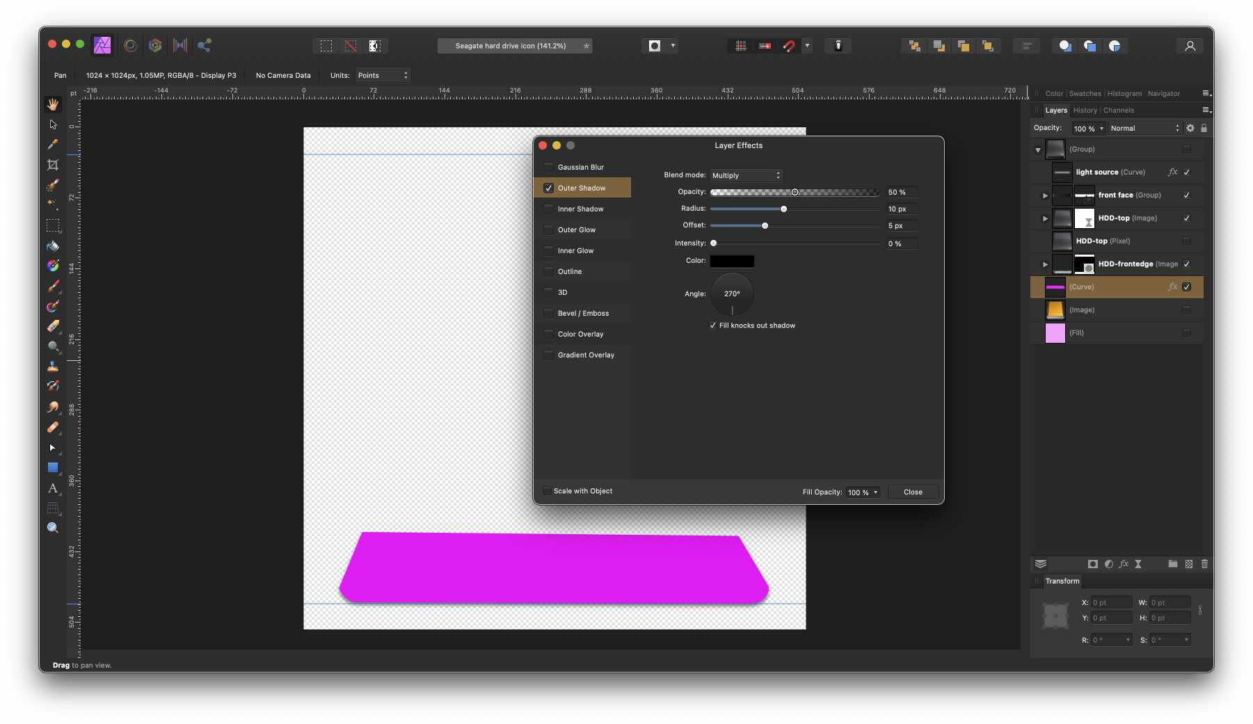 Screenshot of Affinity Photo with most of the layers turned off, leaving only that path visible. Its bottom edge exactly traces the bottom edge of the drive, while its top edge is sloppy since it only exists to complete the path and is concealed behind the drive normally. The path has an Outer Shadow effect with a radius of 10 pixels and offset straight down by 5 pixels.