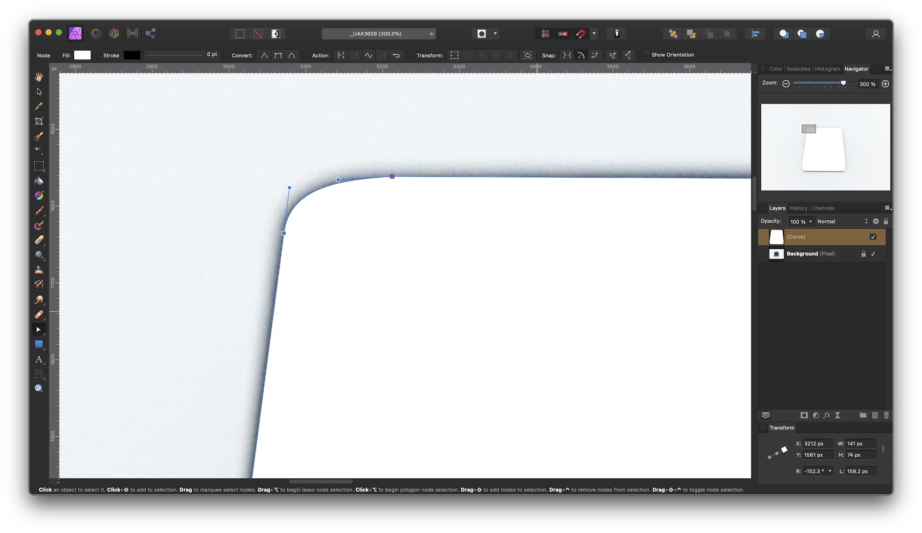 Screenshot of Affinity Photo zoomed into one corner of the drive. The path has been released from being the mask for the photo layer, so now the background is visible and the path's fill covers the drive in solid white. The anchor points at the start and end of the corner are visible and selected, and their respective control points are also visible, each pointing roughly (but not exactly) toward the point where the straight lines would intersect, and without extending far enough to reach there, thereby creating the needed curve.