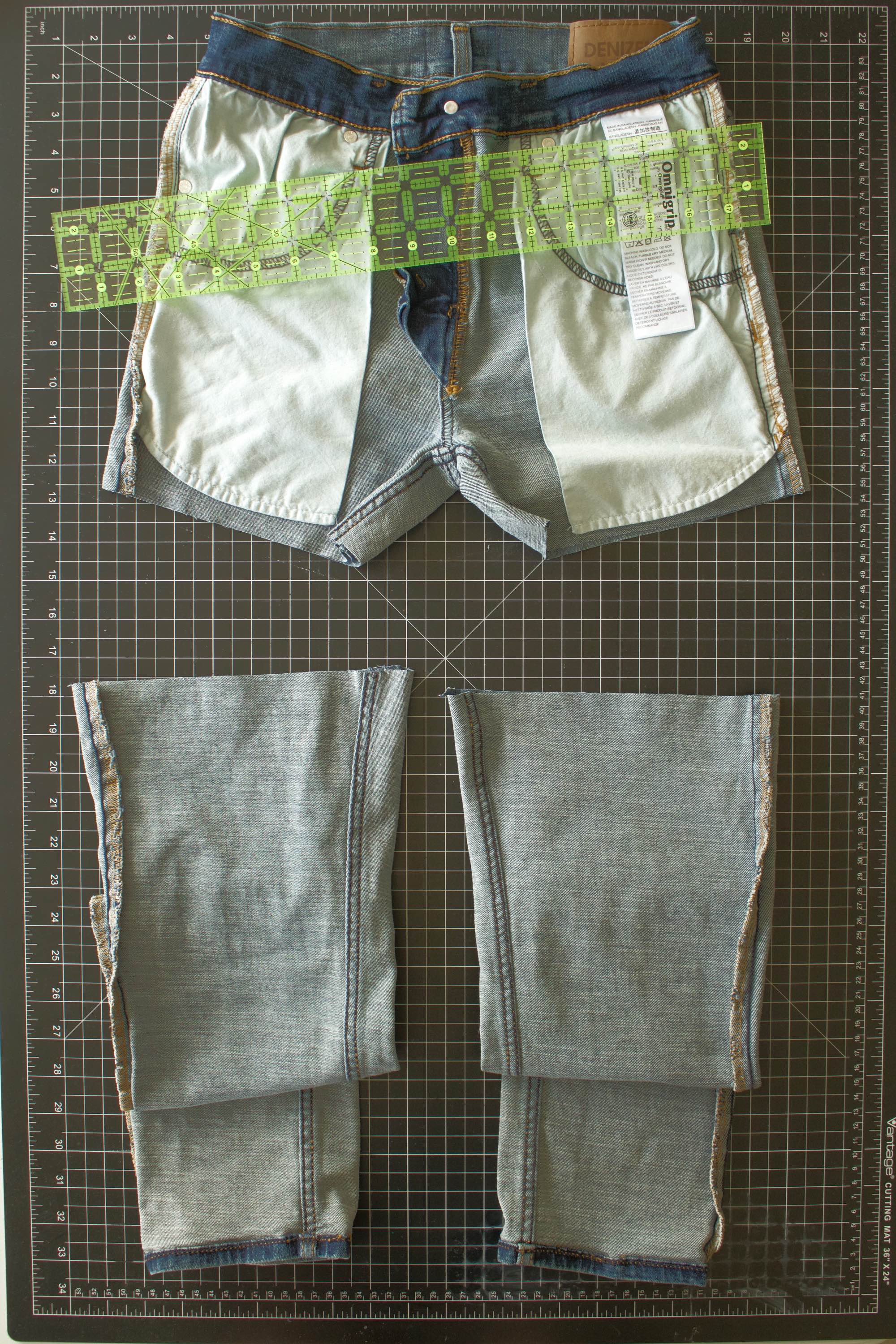 Photo of the jeans with the legs cut off.