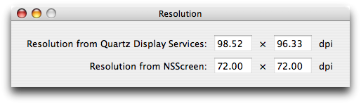 ShowAllResolutions' main window: “Resolution from Quartz Display Services: 98.52×96.33 dpi. Resolution from NSScreen: 72 dpi.”