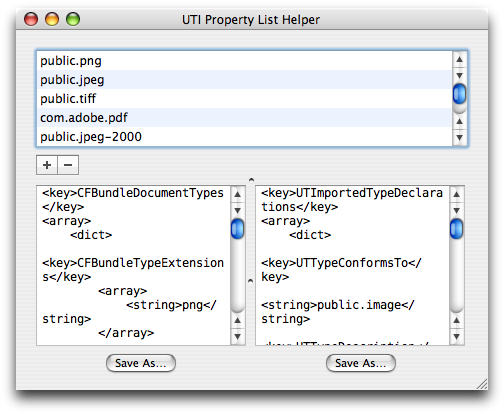 The UTI Property List Helper window contains a table view, wherein you enter the UTIs, and two text views: one showing the CFBundleDocumentTypes array, and the other showing the UTImportedTypeDeclarations array.